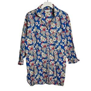 Mahogany Toni Pajama Night Shirt Women M Blue Floral Cotton Preppy Lounge Casual